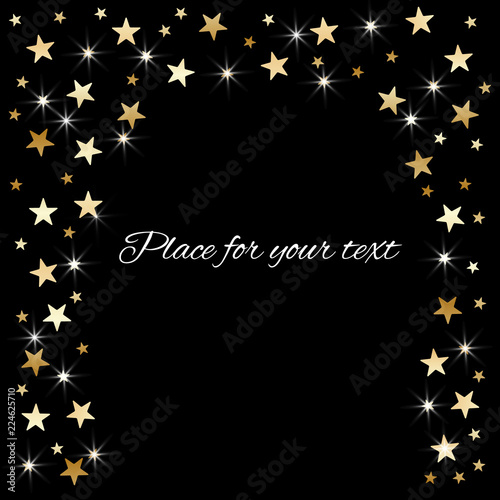 Vector abstract randomly falling gold star with highlights on isolated dark background with space for text. Element pattern Christmas card, new year, design for festival holiday decorations.