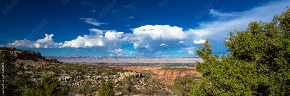 Wide panorama of the stone landmarks, plants, distant mountains, and vast sky of Colorado National Monument