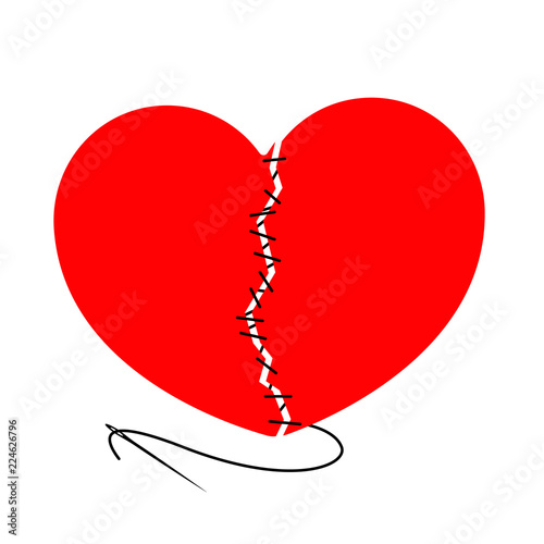 Vector torn heart and stitched with black thread needle. The design element is isolated on a light background.