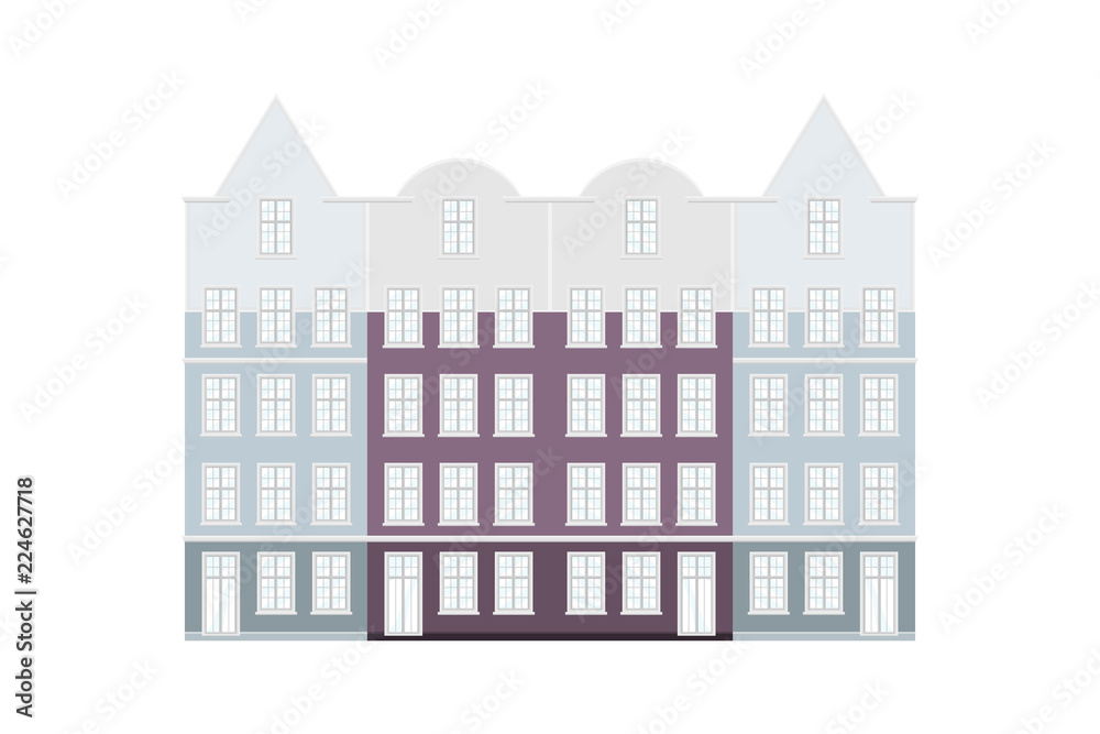 Set of Amsterdam style colored houses. Facades of old buildings of typical view at Netherlands. Flat vector illustration EPS10