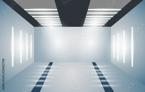 Fototapeta Naklejka Na Ścianę i Meble -  Exhibition empty 3D room with bright lighting. Presentation of cars, motorcycles, retro, valuables. Vector illustration for your business projects.