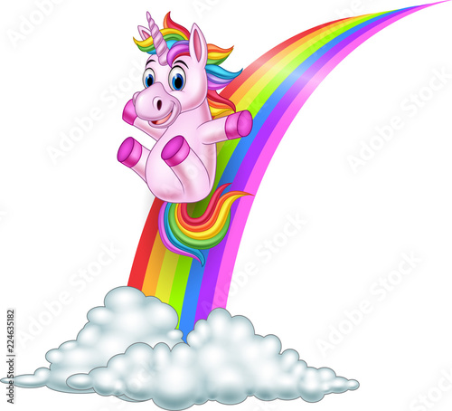 Cartoon unicorn sliding on a rainbow