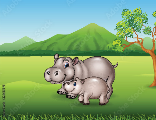 Cartoon mother and baby hippo in the jungle