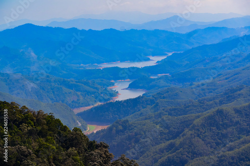 mountain and river aerial view drone shot