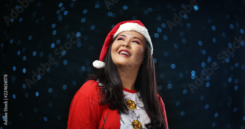 Happy Asian Girl Wearing Santa Costume Christmas Dark Glow Snow Background