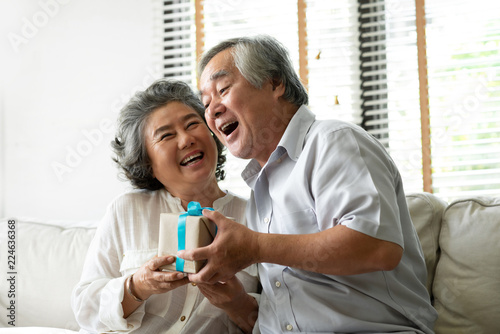 Smiling Asian senior holding gift box together looking each other.