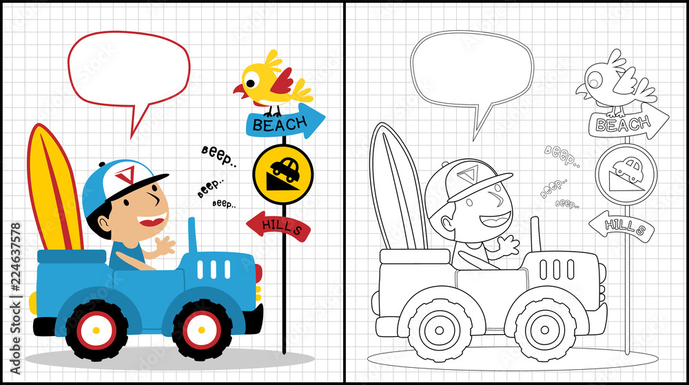 Holiday time with little boy on car, coloring book or page, vector cartoon illustration