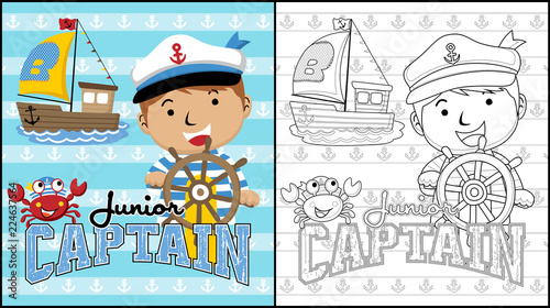 Little captain on sailboat steering wheel, coloring book or page, vector cartoon illustration