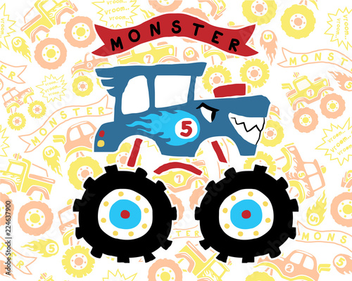 vector of monster truck cartoon on seamless pattern trucks background