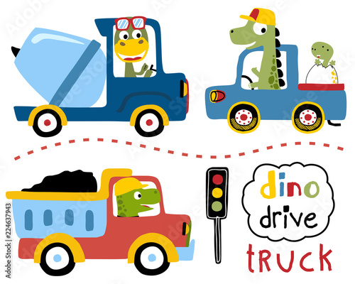 Vector set of driving trucks with dinos cartoon