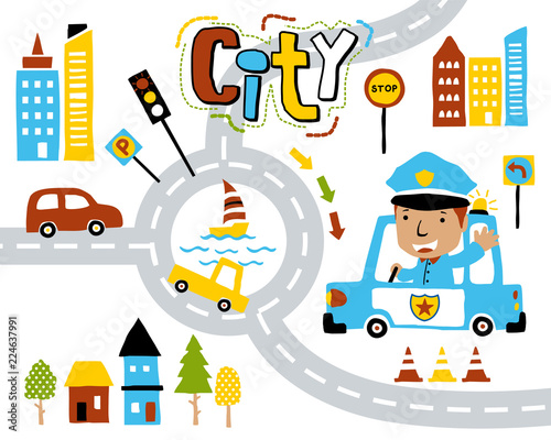 Vector of city life cartoon with funny traffic cop