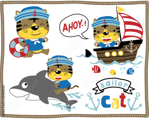 Vector set of little cat cartoon the funny sailor