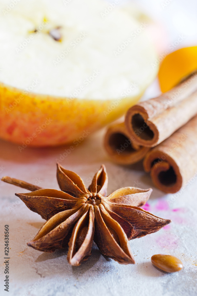  traditional Czech christmas and advent time - spices (star anise and cinnamon) - ingredients prepared for sweets cooking or baking