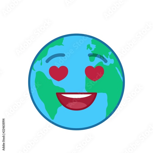 Falling in love world globe isolated emoticon. Amorously blue planet emoji. Social communication and weather widget. Lovingly face showing facial emotion. Funny earth icon. Weather forecast vector