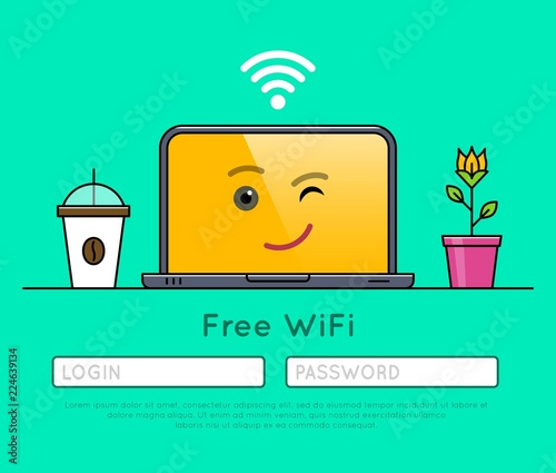 Internet browser interface of free wifi access on laptop thin line icon. Wireless network connection outline pictogram. Web page with login and password form. Free wifi zone vector illustration