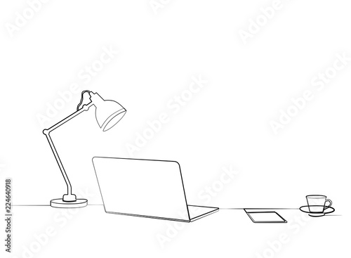 Desk, Desk lamp, laptop, coffee, mug, tea notebook