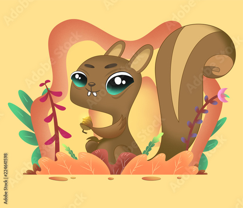 Cartoon funny squirrel holding acorn with colorful background.