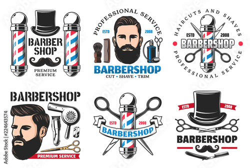 Barber shop signs icons hipster and cutting tools