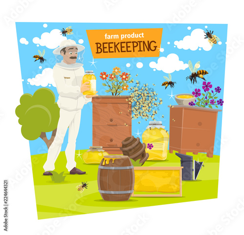 Beekeeping farm and beekeeper with honey