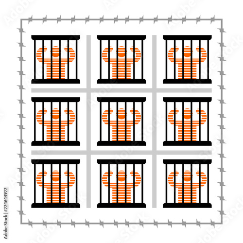 Jail symbol. Prisoner in prison. Perpetrator and bars on windows. Barbed wire around perimeter