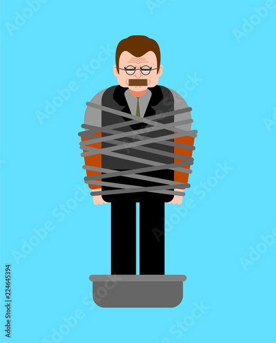Mafia victim. Man tied up with rope Cement shoes. pelvis with concrete. gangster prey