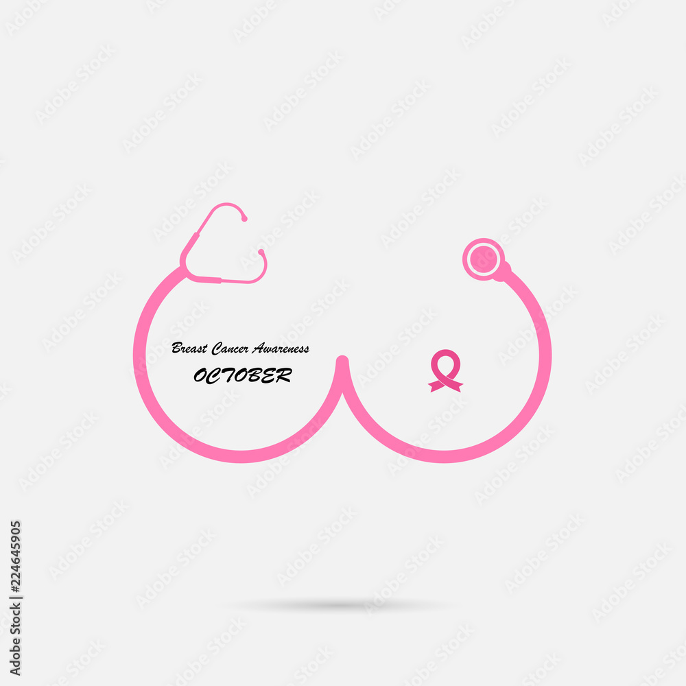 Stethoscope and Breast icon.Breast Cancer October Awareness Month Campaign banner.Women health concept.Breast cancer awareness month logo design.Realistic pink ribbon.Pink care logo.