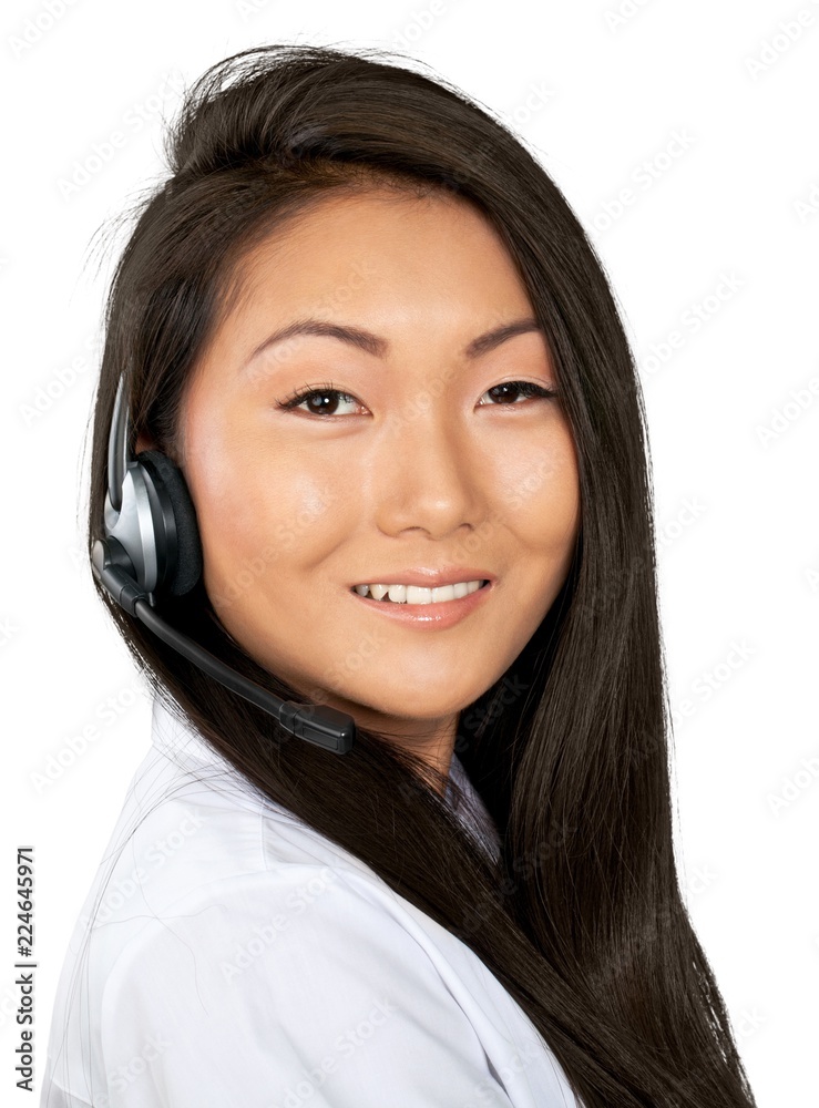 Asian woman Call Center operator isolated on white