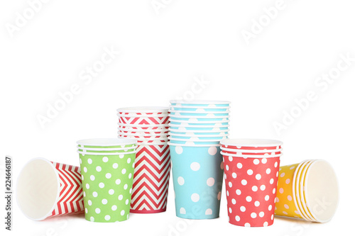 Colorful paper cups isolated on white background