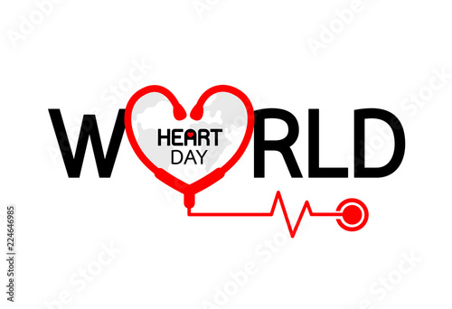 World heart day with stethoscope and Heartbeat. Lettering design for poster and banner. Vector illustration isolated on white background.