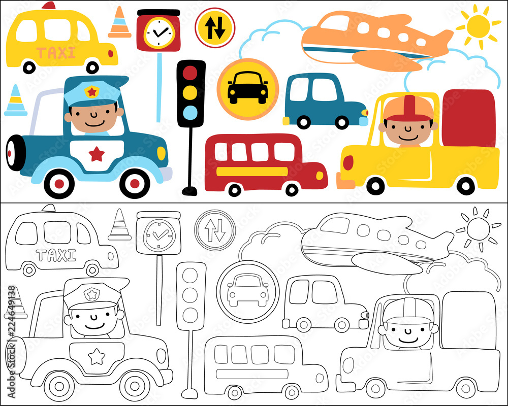 Vector set of vehicles cartoon with funny driver, coloring book or page Vector set of vehicles cartoon with funny driver, coloring book or page