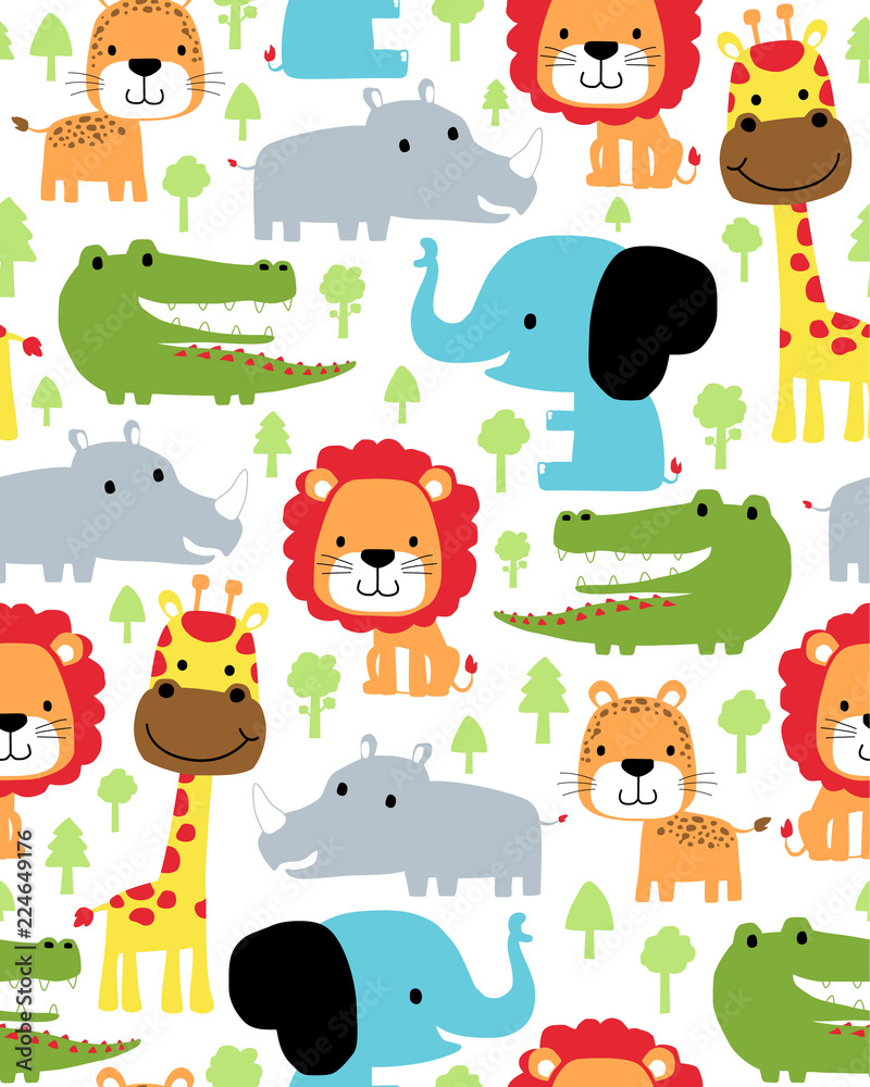 Fototapeta premium Seamless pattern vector with colorful animals cartoon