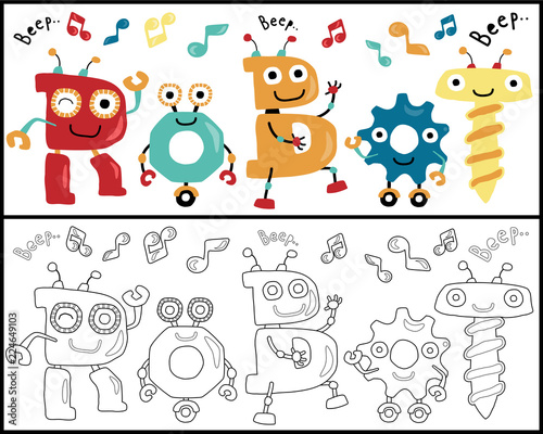 Vector set of robots cartoon, coloring book or page