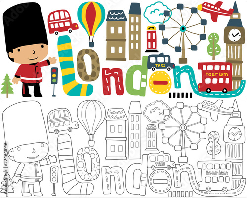 Vector set of london city cartoon, coloring book or page