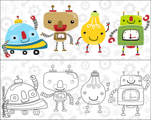 Vector set of funny little robots cartoon , coloring book or page
