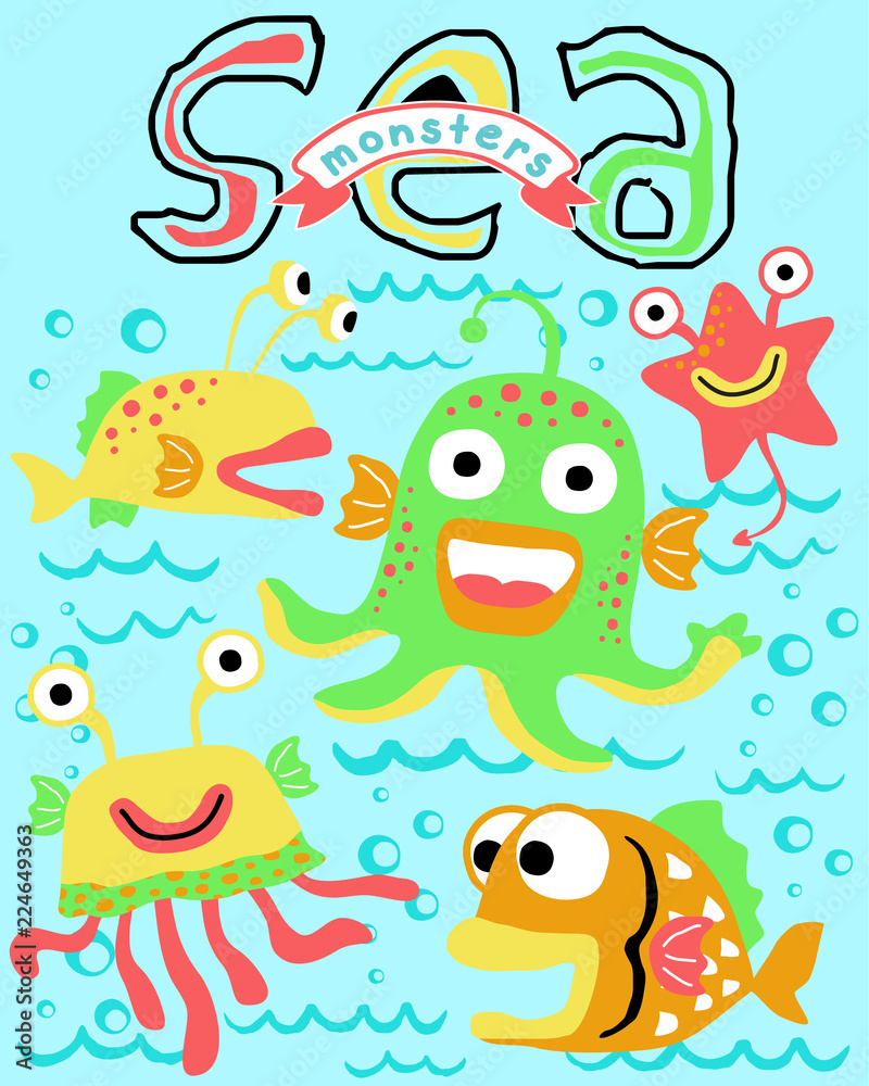 vector illustration of sea monsters cartoon