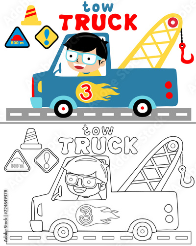 Vector illustration of tow truck with little driver cartoon, coloring book or page