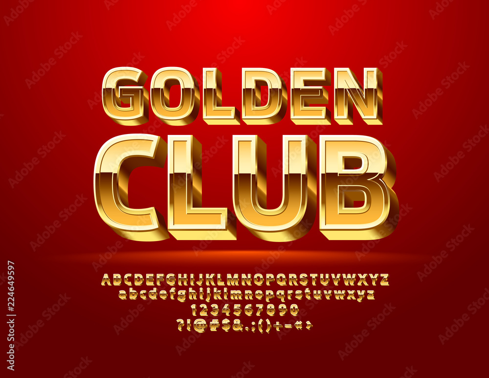 Vector chic Font with Sign Golden Club. Exclusive 3D Alphabet Letters, Numbers and Symbols Vector chic Font with Sign Golden Club. Exclusive 3D Alphabet Letters, Numbers and Symbols