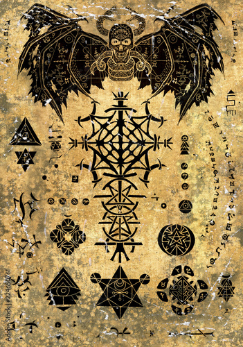 Magic book page with devil demon and evil symbols on old paper textured background. Esoteric, occult and Halloween concept, illustration with mystic symbols and sacred geometry