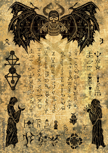 Magic witch book page with evil symbols and drawings on old paper texture. Esoteric, occult and Halloween concept, illustration with mystic symbols and sacred geometry