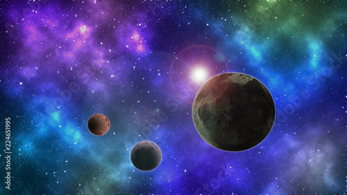 Planet and moons on the space. Space background