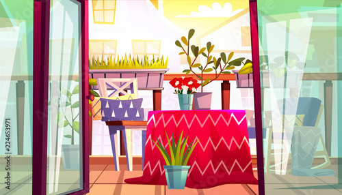 Balcony with table and chairs vector illustration of home terrace from apartments with balcony garden, view on street houses. Cartoon comfortable vintage cozy flat background