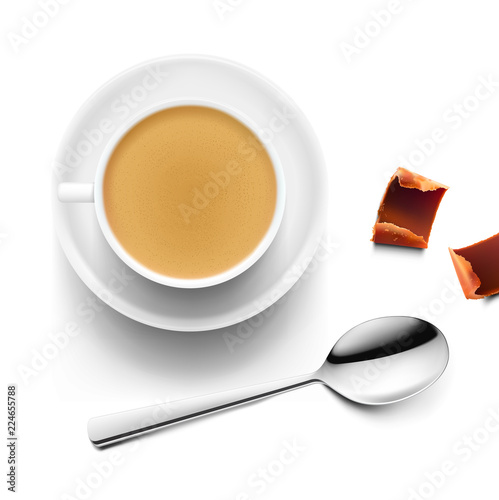 Realistic coffee cup with spoon and chocolate shavings isolated on white background. Ready for your design. Vector illustration. EPS10.