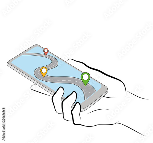 The hand holds a smartphone with navigation cards. concept of travel. vector illustration