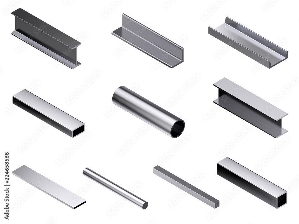 Different metal rolled profile. 3D rendering illustration. Different metal rolled profile. 3D rendering illustration.