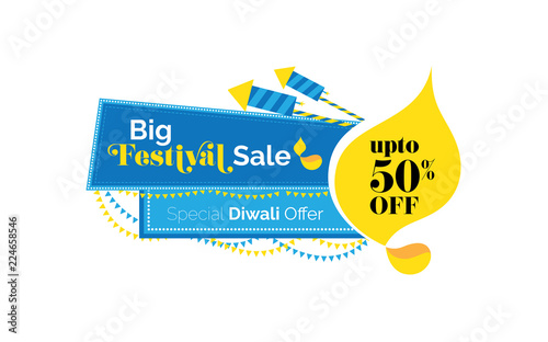 Big Diwali Sale, Offer Banner Design, Tag, Sticker with 50% Discount - Diwali Festival Offer Banner, Sticker, Label Design Template