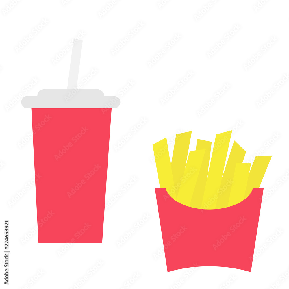 French fries potato in a paper wrapper box icon. Soda drink glass with straw. Fried potatoes. Fast food menu. Flat design. White background. Isolated. French fries potato in a paper wrapper box icon. Soda drink glass with straw. Fried potatoes. Fast food menu. Flat design. White background. Isolated.