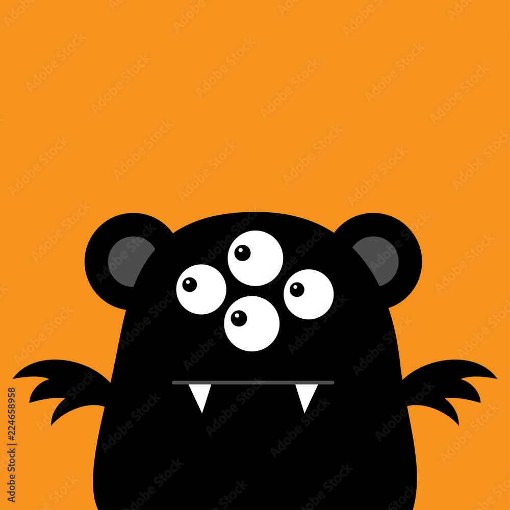 Fototapeta premium Cute black silhouette monster face icon. Happy Halloween. Cartoon colorful scary funny character. Eyes, ears, wings. Funny baby collection. Orange background. Flat design.