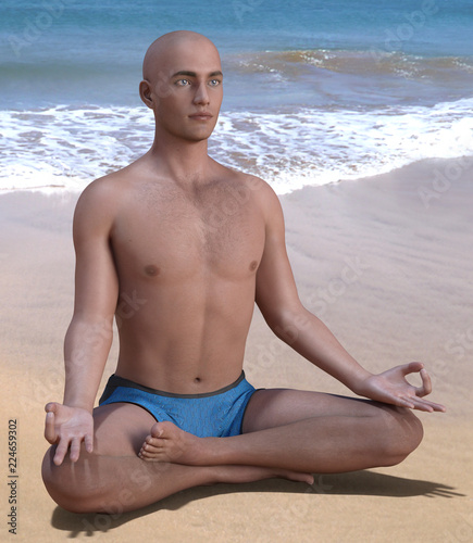 Bald man in blue briefs practising the siddhasana or accomplished yoga pose on a sandy beach. 3d render.