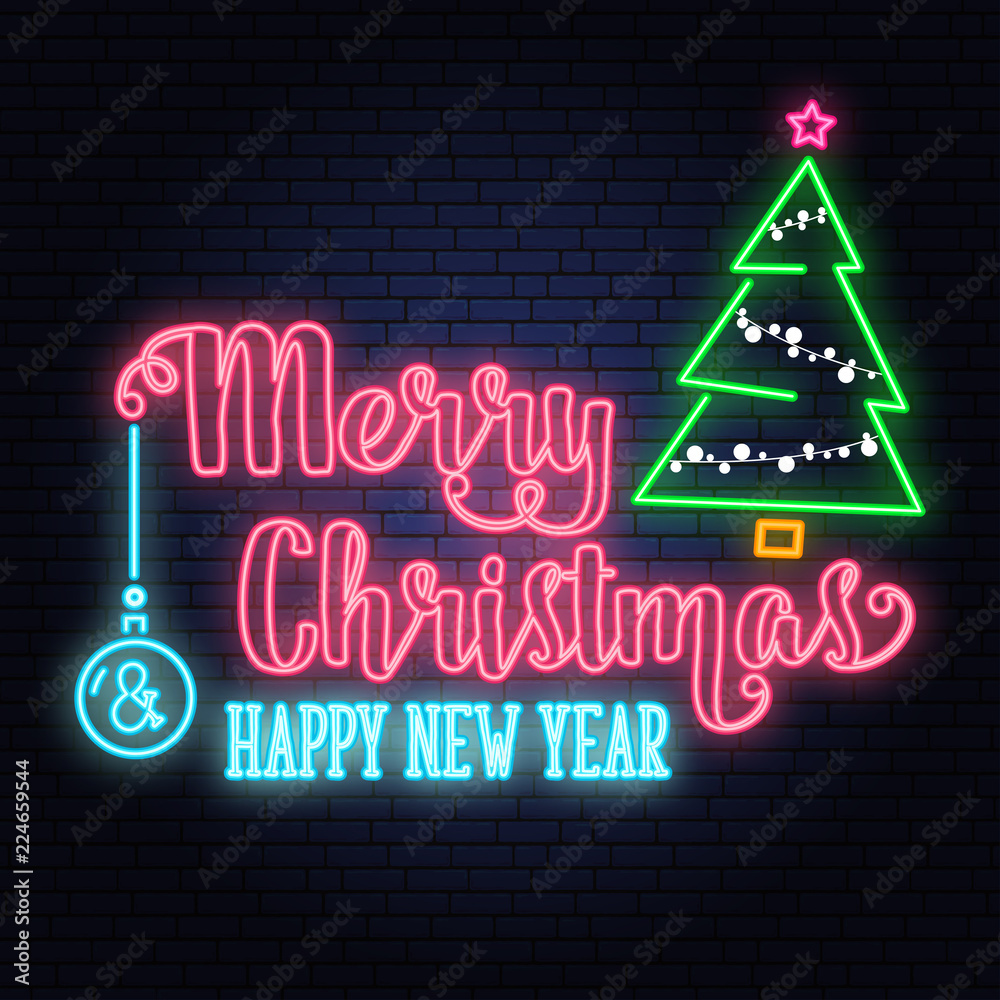 Merry Christmas and Happy New Year neon sign.with Christmas tree. Vector illustration.