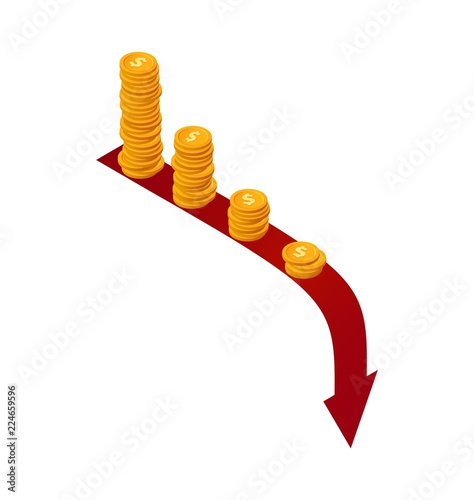 Money falls vector concept. Isometric stacks of coins on red arrow down. Financial crisis illustration
